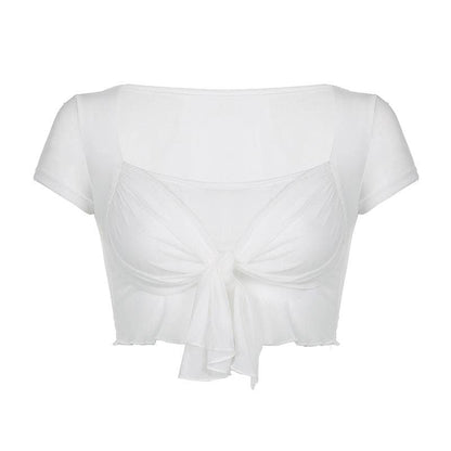 Sheer mesh see through short sleeve ruffle self tie crop top