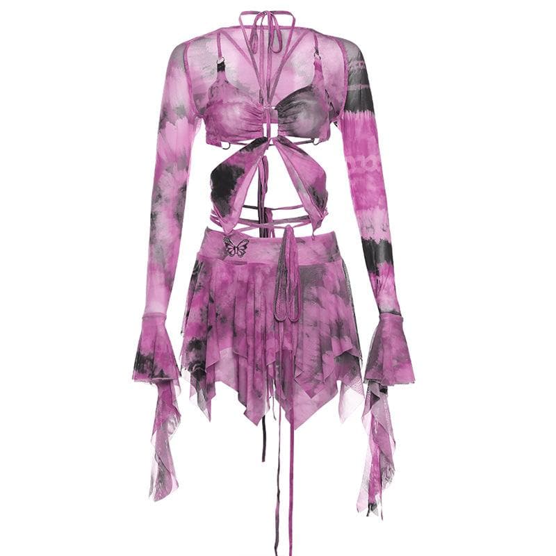 Minigonna con scollo a V, manica svasata, tie-dye, anello a O, allacciabile e scollato 