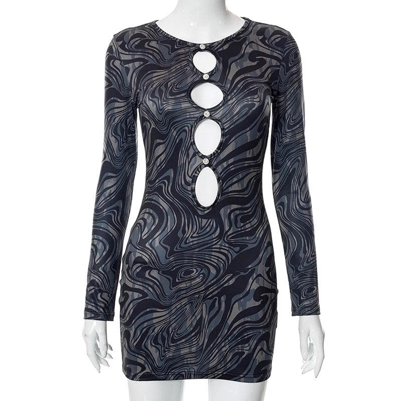 Button hollow out long sleeve round neck ripple contrast mini dress