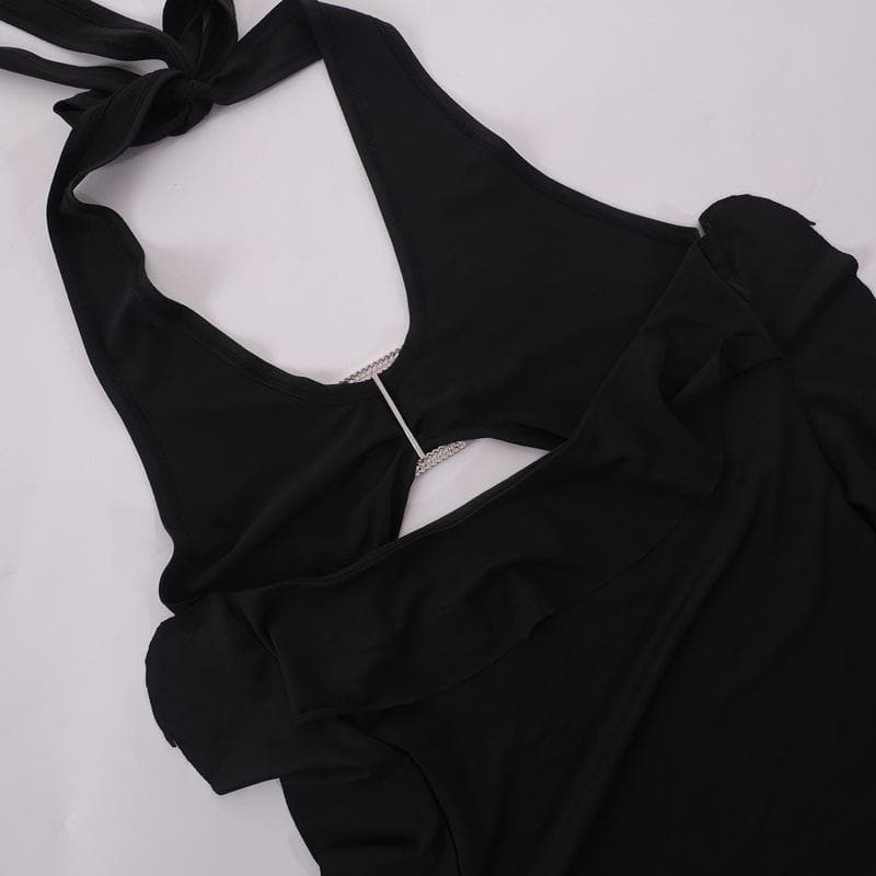 Solid halter buckle self tie ribbon backless crop top