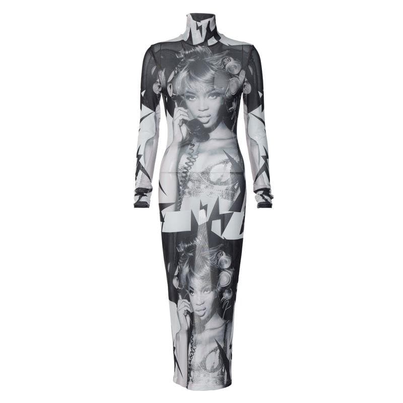 Abstract Print Sheer Mesh See Through High Neck Long Sleeve Maxi Dress