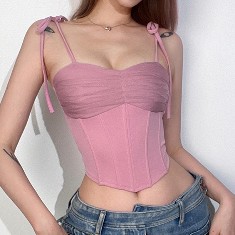 Solid pleated self tie zip-up corset crop top