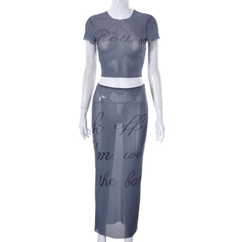 Crewneck short sleeve sheer mesh see through maxi skirt set