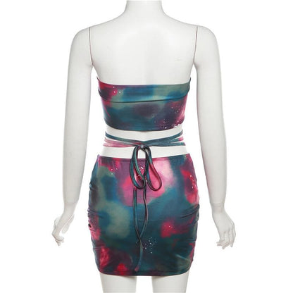 Minigonna a contrasto con coulisse, arricciata e tie-dye senza schienale 