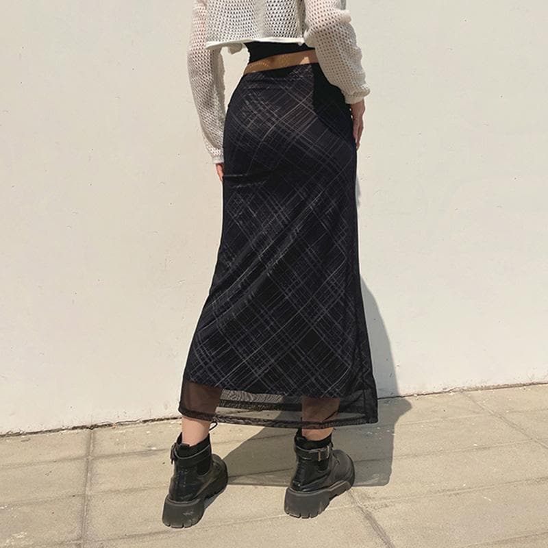 Mesh plaid contrast high rise midi skirt