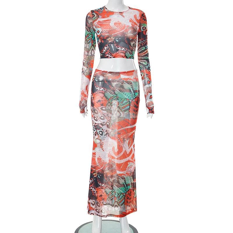 Abstract Print Sheer Mesh Long Sleeve Gloves Contrast Maxi Skirt Set