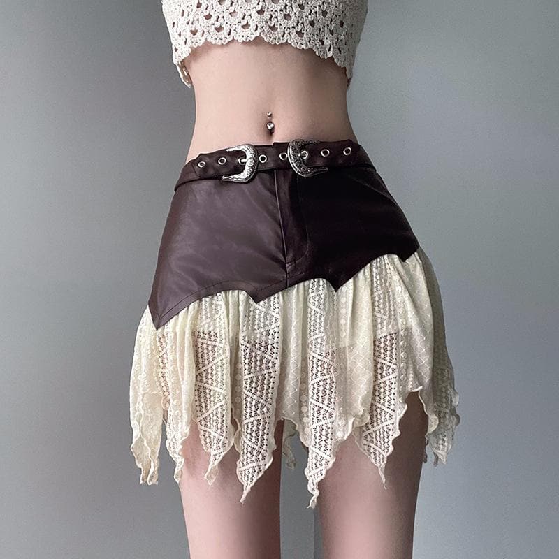 Minigonna testurizzata con cintura a balze patchwork in pelle PU irregolare 