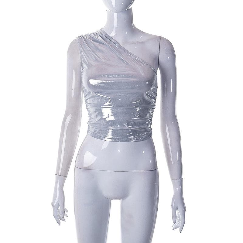 Irregular ruched metallic one shoulder crop top