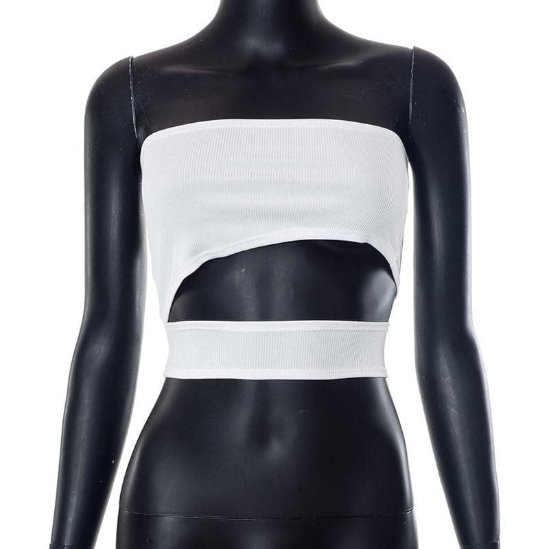 Ribbed hollow out 3-way solid irregular backless tube crop top