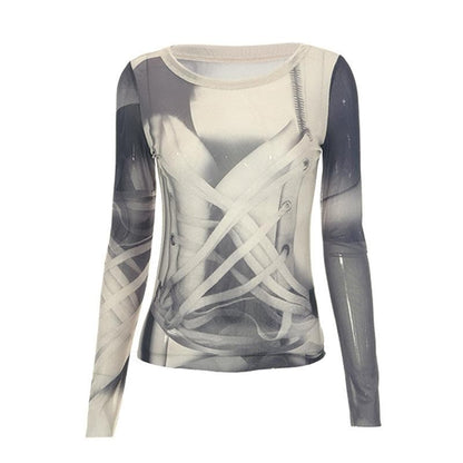 Long sleeve contrast sheer mesh top