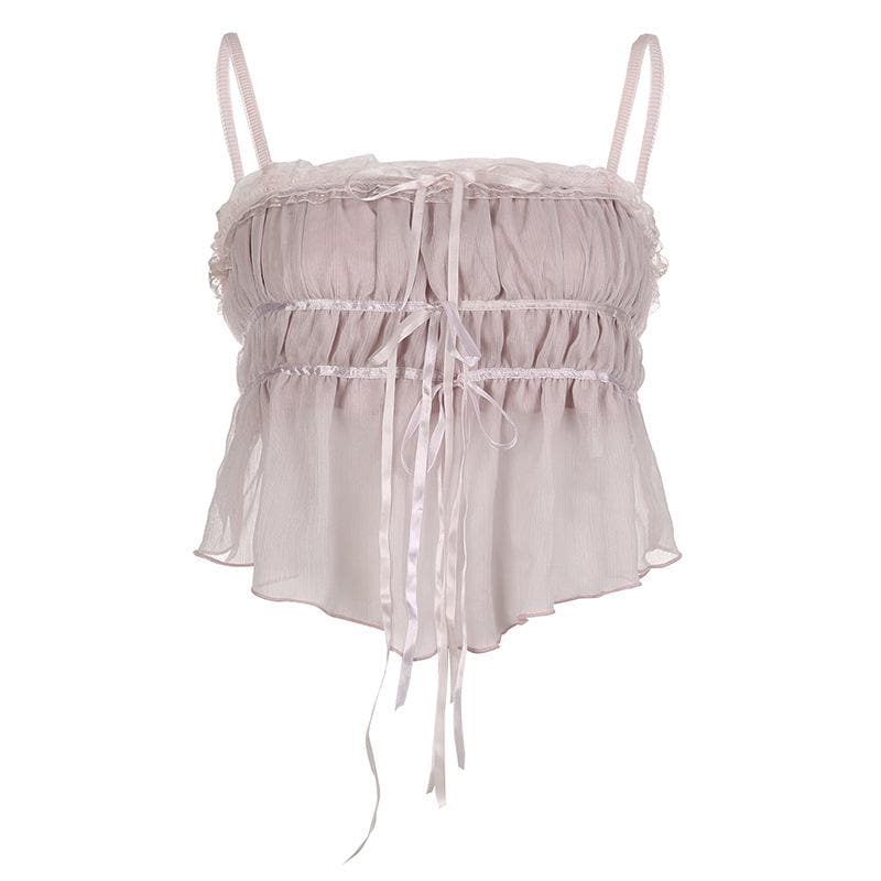 Chiffon-Camisole mit plissiertem Rüschensaum und Spitzenknopf 
