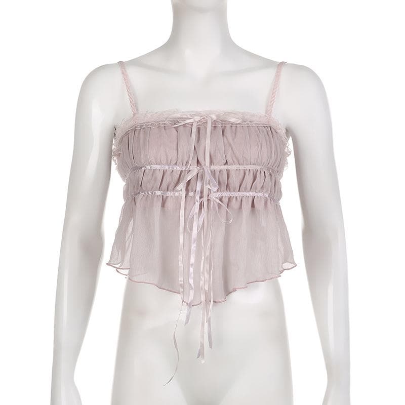 Chiffon-Camisole mit plissiertem Rüschensaum und Spitzenknopf 