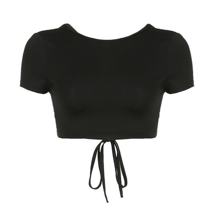 Cross back solid short sleeve self tie drawstring backless crop top - Final Sale