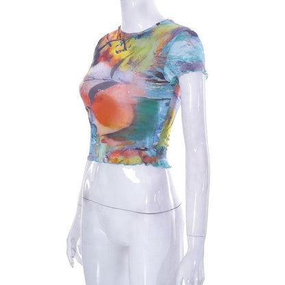 Abstract Print Contrast Short Sleeve Ruffle Crewneck Crop Top