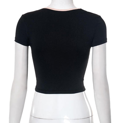 Contrast self tie v neck short sleeve crop top