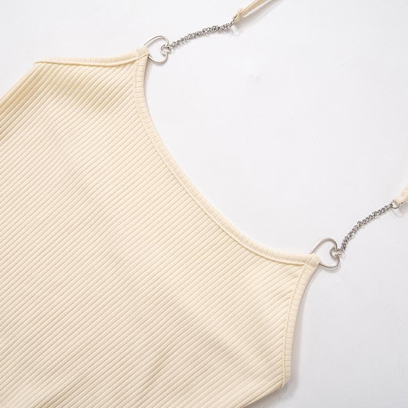 Ribbed solid metal chain halter self tie backless crop top