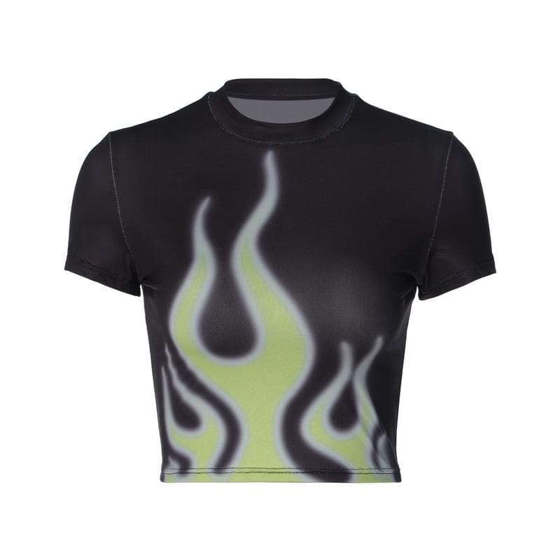 Flame pattern contrast short sleeve crewneck crop top