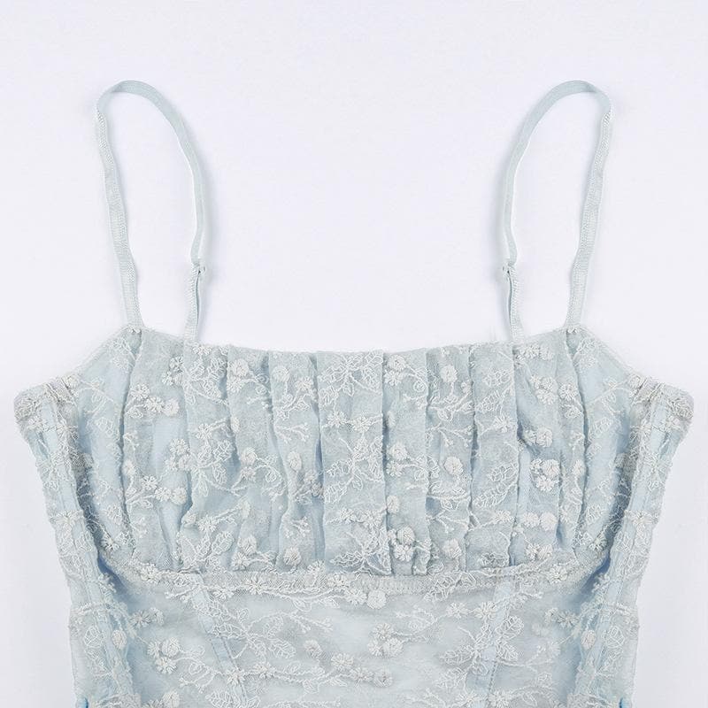 Lace pleated zip-up square neck backless cami top