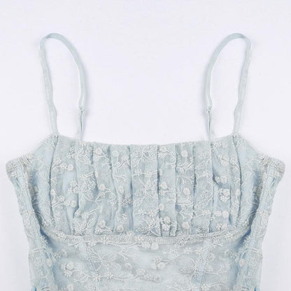 Lace pleated zip-up square neck backless cami top