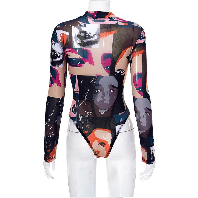 Sheer mesh see through abstract print long sleeve contrast bodysuit