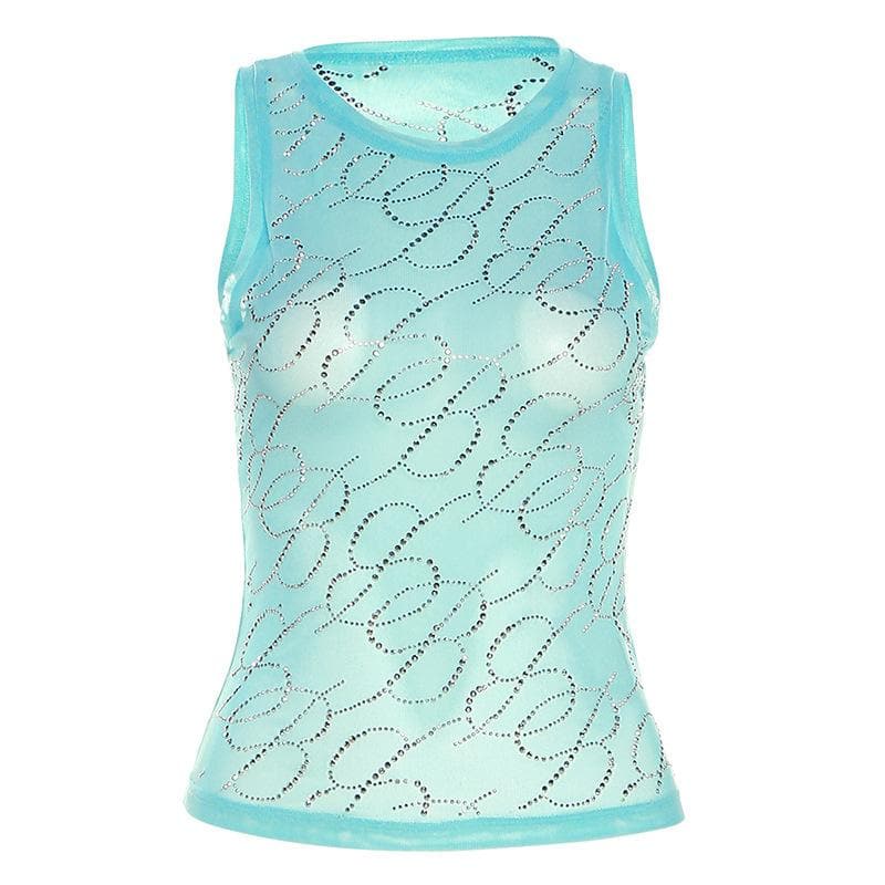 Sheer mesh see through beaded round neck sleeveless top