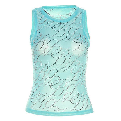 Sheer mesh see through beaded round neck sleeveless top