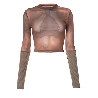 Mesh contrast knitted patchwork see through long sleeve top