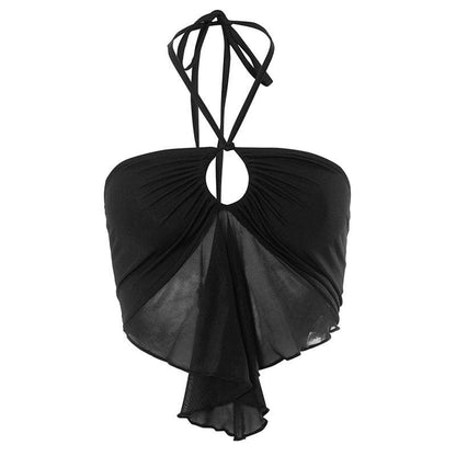 Mesh patchwork halter drawstring solid ruffle backless crop top