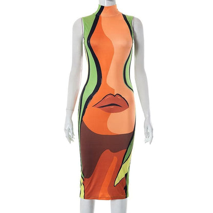 Abstract Sleeveless High Neck Contrast Midi Dress