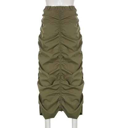 Drawstring ruched cargo low rise solid midi skirt