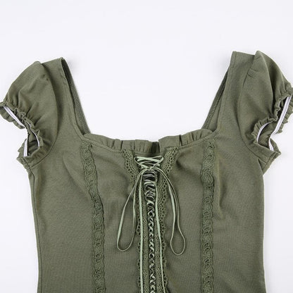 Cap sleeve lace up ruffle square neck backless top