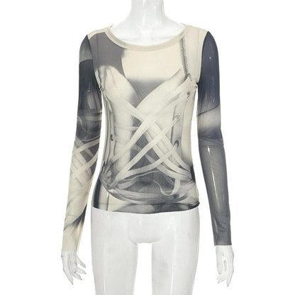 Long sleeve contrast sheer mesh top