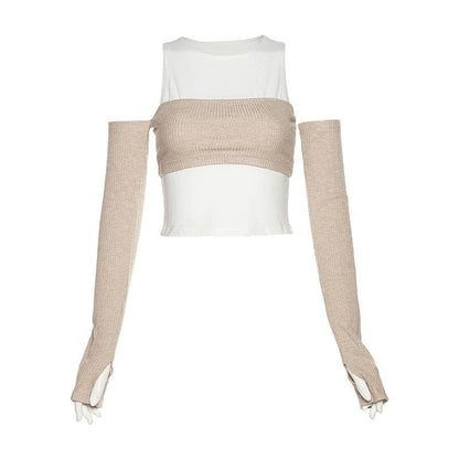 Knitted gloves contrast off shoulder crewneck 2 piece crop top