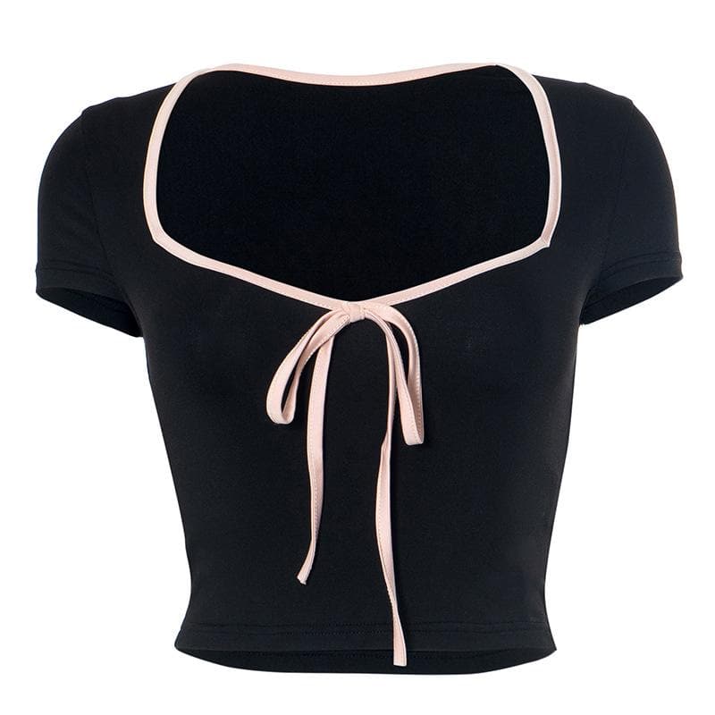 Contrast self tie v neck short sleeve crop top