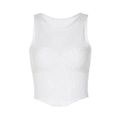 Crochet glitter ruched round neck sleeveless crop top