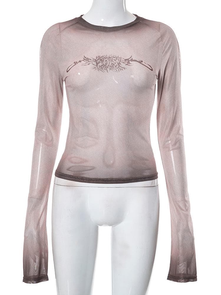 Sheer mesh see through long sleeve gradient abstract crewneck top