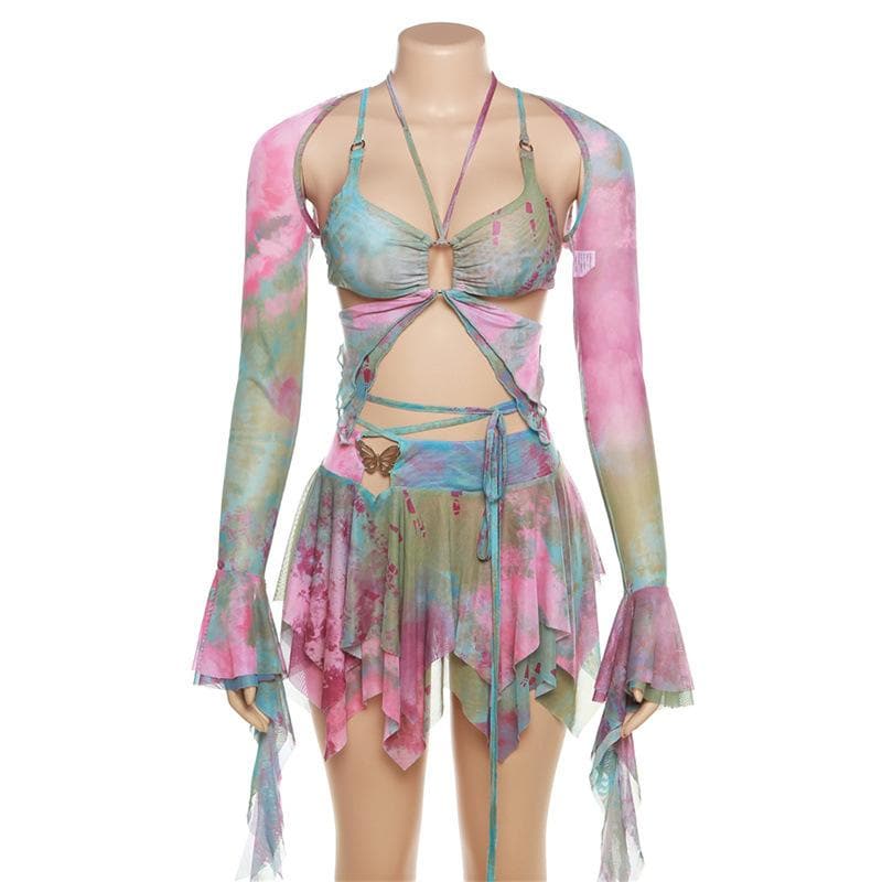 Minigonna con scollo a V, manica svasata, tie-dye, anello a O, allacciabile e scollato 