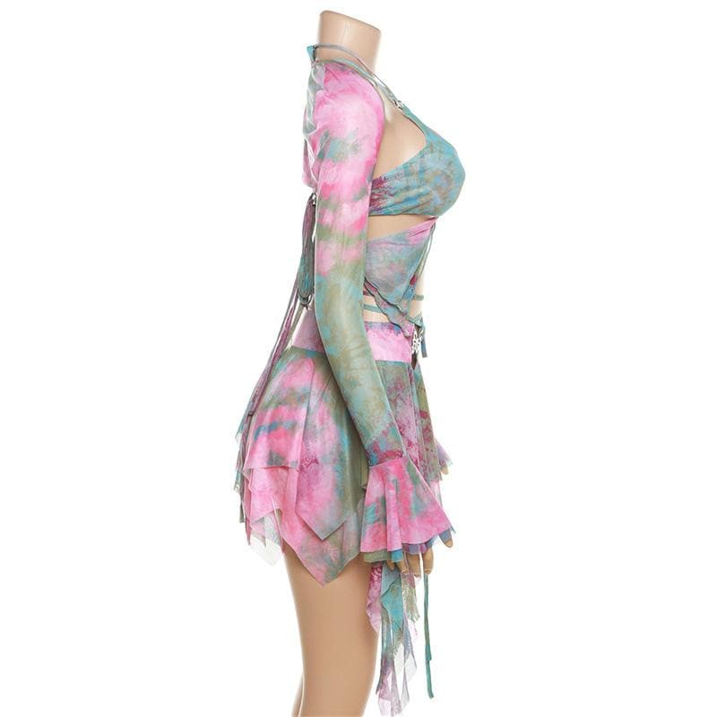 Minigonna con scollo a V, manica svasata, tie-dye, anello a O, allacciabile e scollato 