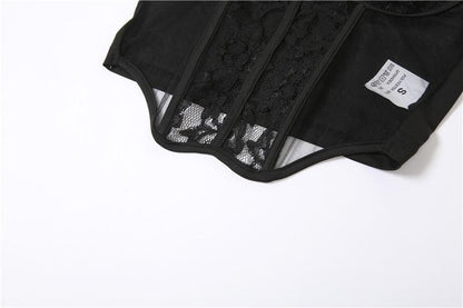 Mesh gloves lace patchwork corset low cut backless tube crop top