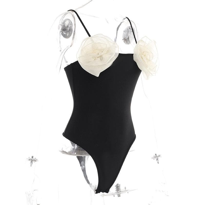 Flower applique contrast backless button cami bodysuit