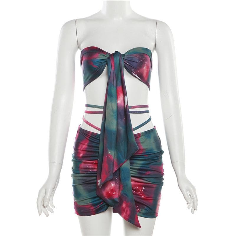 Minigonna a contrasto con coulisse, arricciata e tie-dye senza schienale 