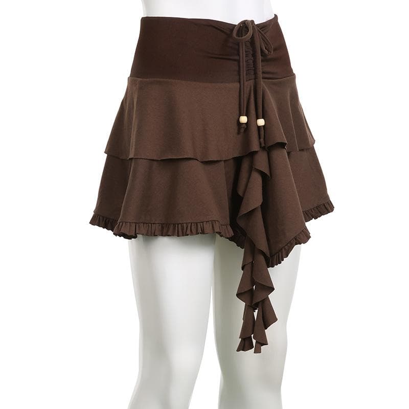 Drawstring ruffle patchwork A line mini skirt