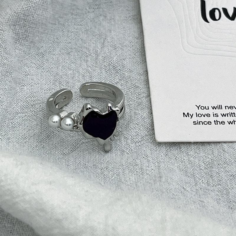 Heart lava silver pearl open ring