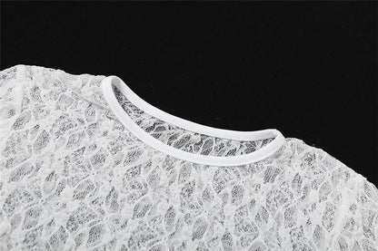 Lace see through solid ruffle short sleeve crewneck crop top