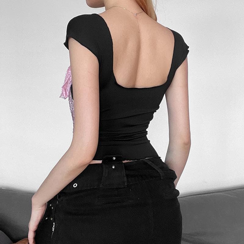 Lace hem v neck ruched cap sleeve backless top