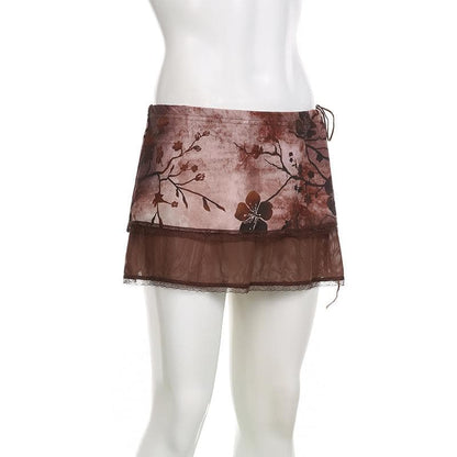 Mesh patchwork flower print contrast low rise lace hem mini skirt