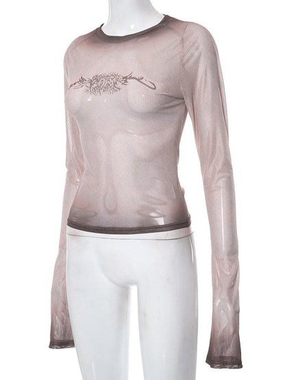 Sheer mesh see through long sleeve gradient abstract crewneck top