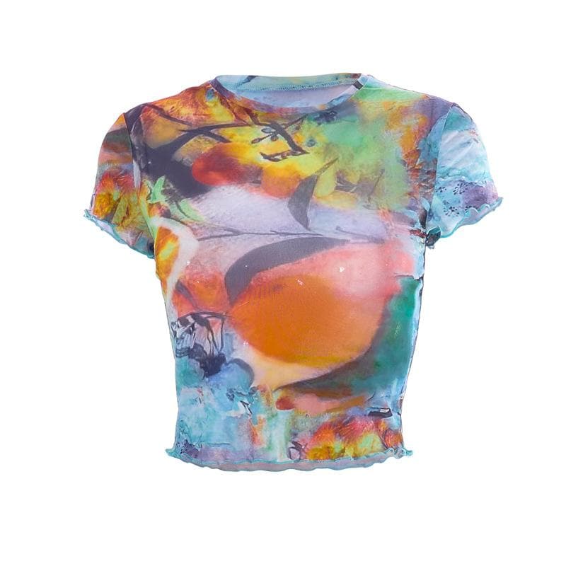 Abstract Print Contrast Short Sleeve Ruffle Crewneck Crop Top