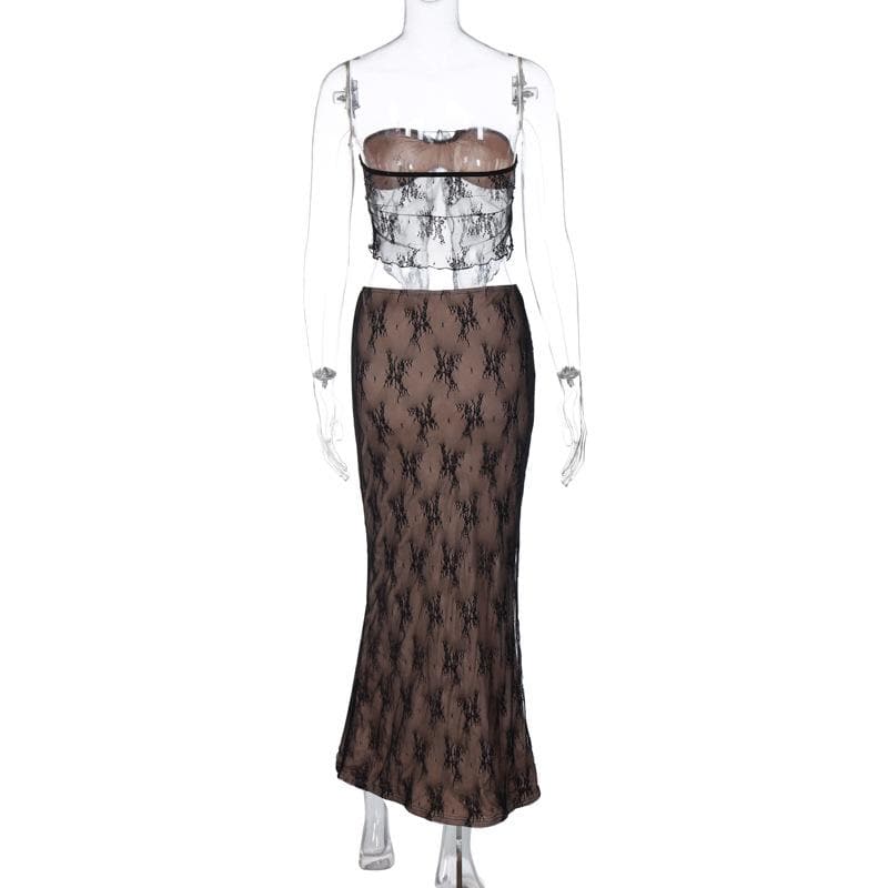 Lace contrast self tie backless tube maxi skirt set