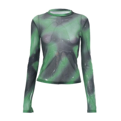 Sheer mesh see through tie dye long sleeve crewneck contrast top